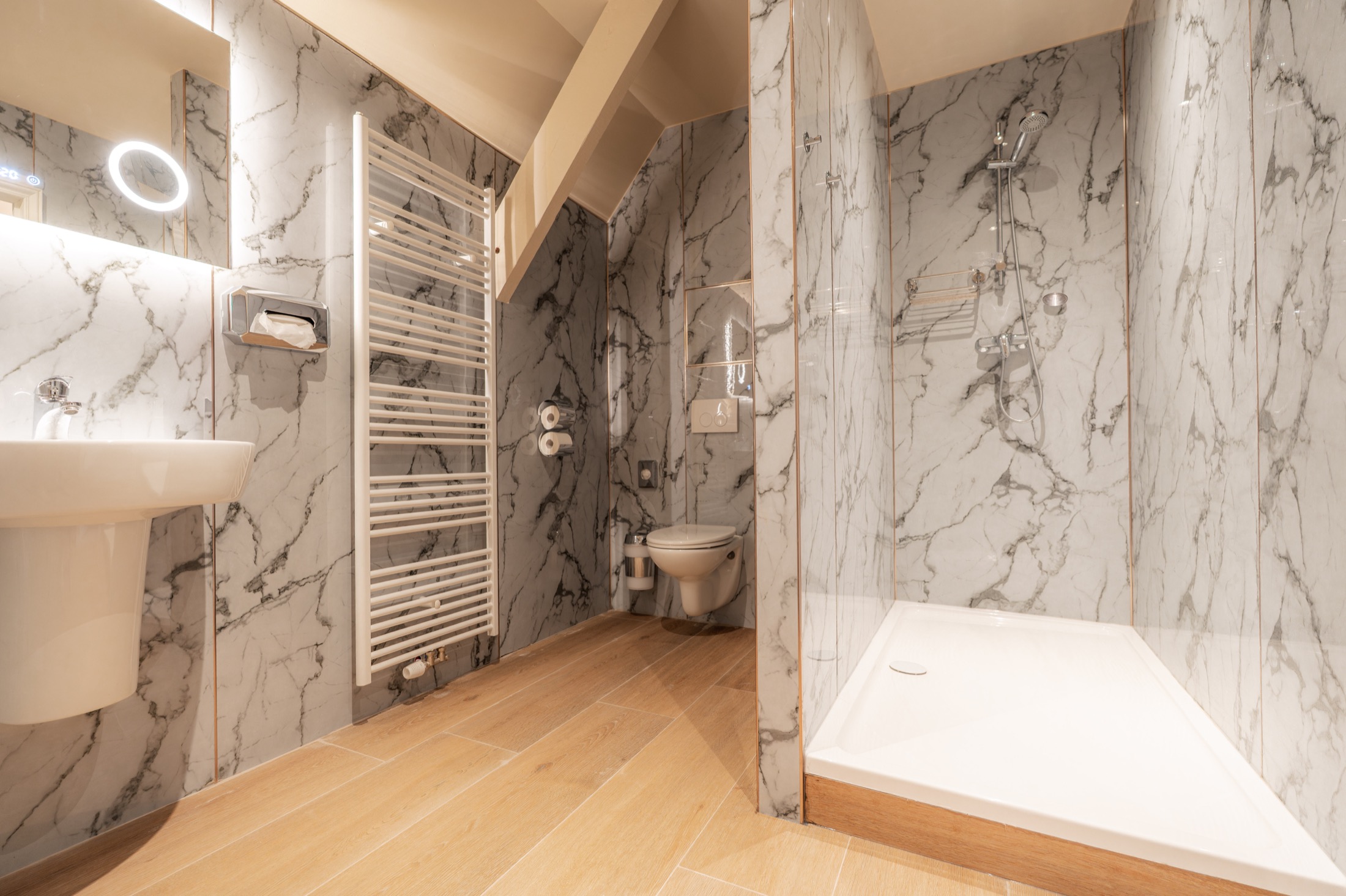 Marble bathroom in a guest room at Chateau de Looz