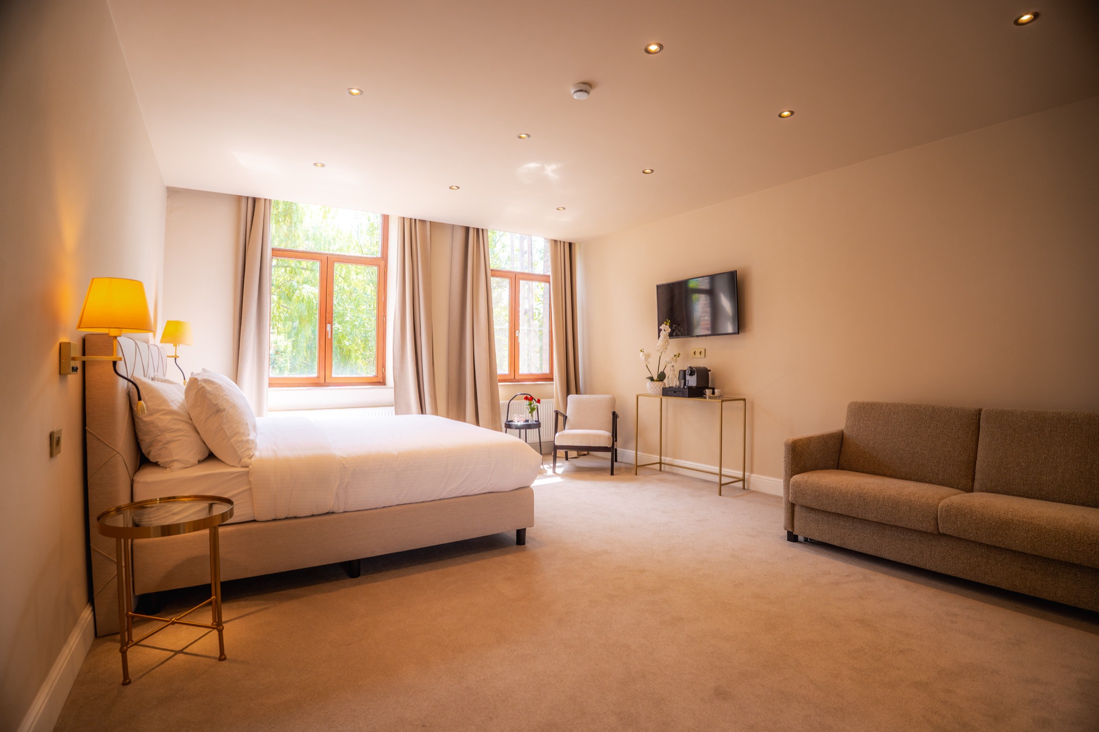 Spacious guest room with a sitting area