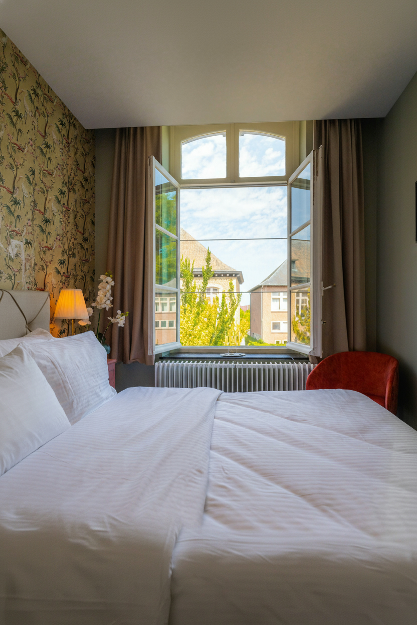 Queen room with botanical wallpaper and castle courtyard view